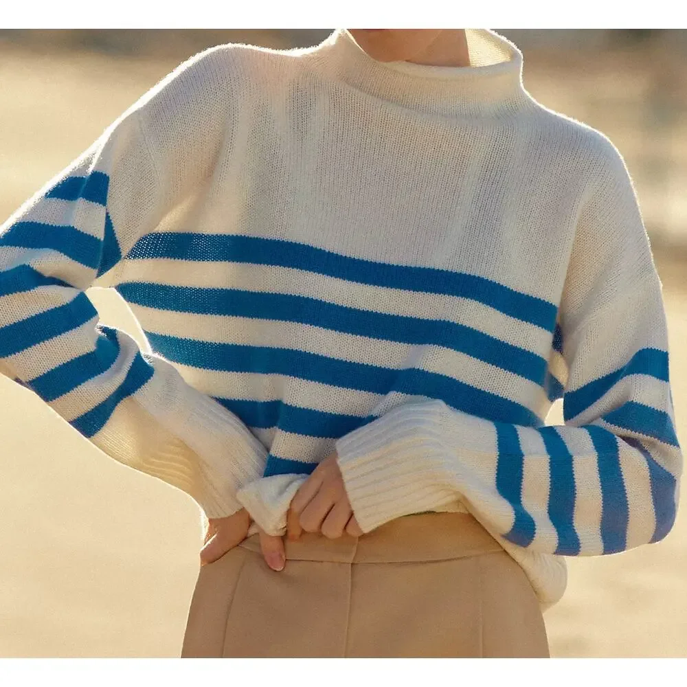 KULE Cream and Blue Striped Cashmere-blend Turtleneck Sweater. Sz L - Picture 3 of 16